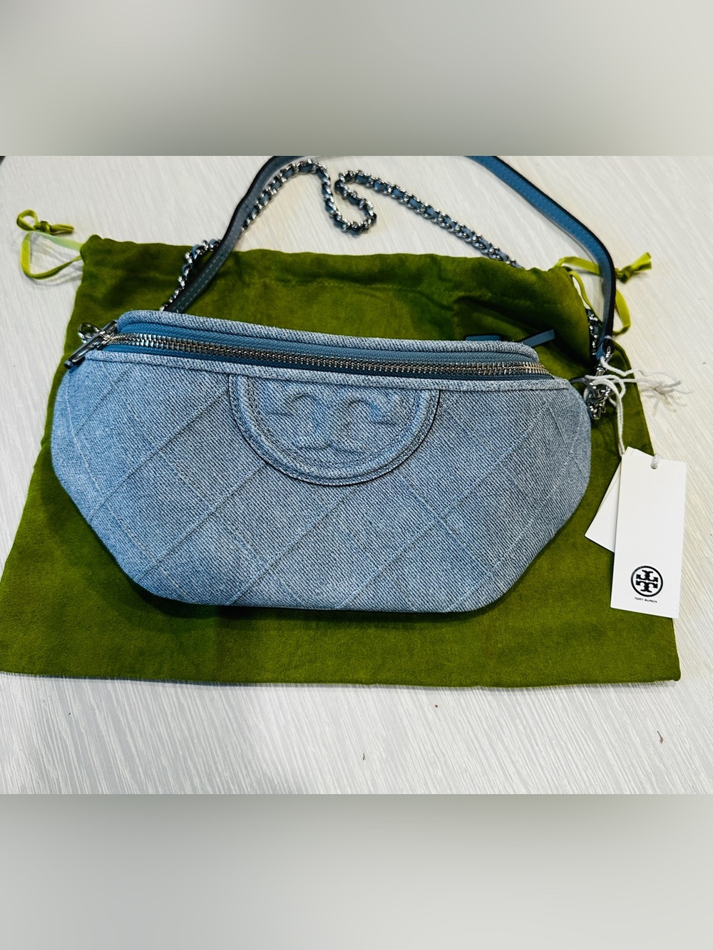 Tory Burch Fleming Denim belt bag crossbody light blue Bag NEW